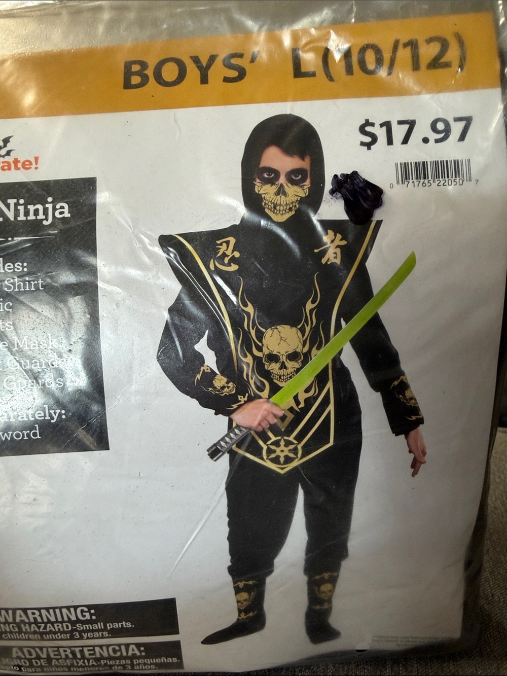 Boys' Black & Gold Skull Ninja Costume - Kids size 10-12